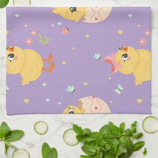 Cute Easter Chick with Pink Bow Seamless Pattern  キッチンタオル (折り畳み)