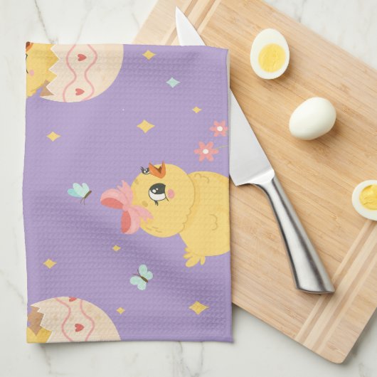 Cute Easter Chick with Pink Bow Seamless Pattern  キッチンタオル (四つ折り)