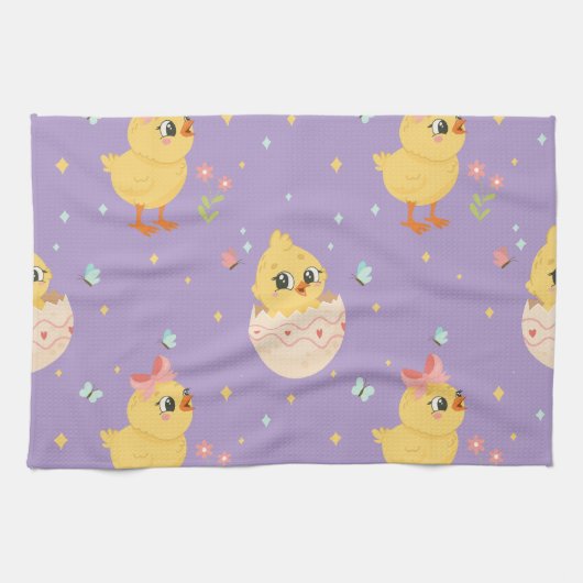 Cute Easter Chick with Pink Bow Seamless Pattern  キッチンタオル (横)