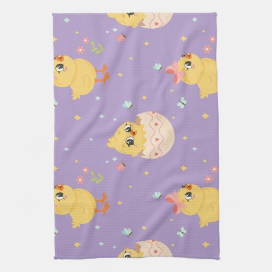 Cute Easter Chick with Pink Bow Seamless Pattern  キッチンタオル (縦)
