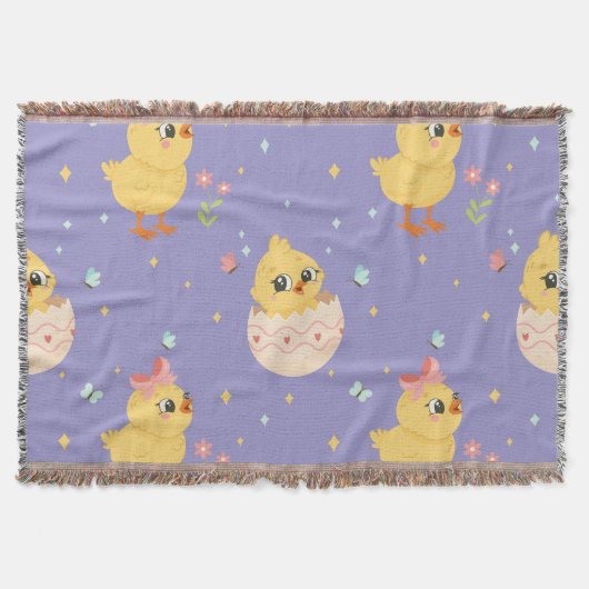 Cute Easter Chick with Pink Bow Seamless Pattern  スローブランケット (正面)