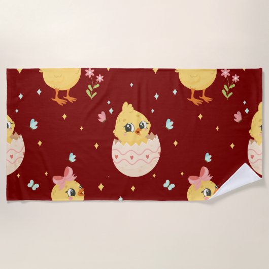 Cute Easter Chick with Pink Bow Seamless Pattern  ビーチタオル (正面)