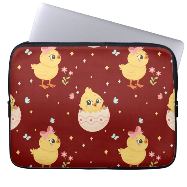 Cute Easter Chick with Pink Bow Seamless Pattern  ラップトップスリーブ (正面)