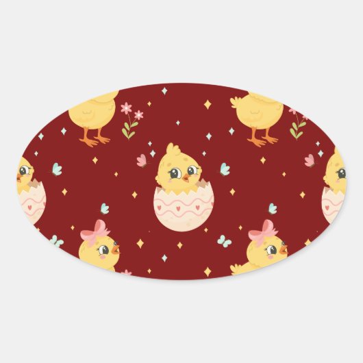 Cute Easter Chick with Pink Bow Seamless Pattern  楕円形シール (正面)