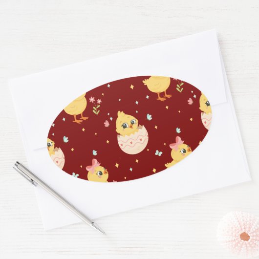Cute Easter Chick with Pink Bow Seamless Pattern 楕円形シール (封筒)