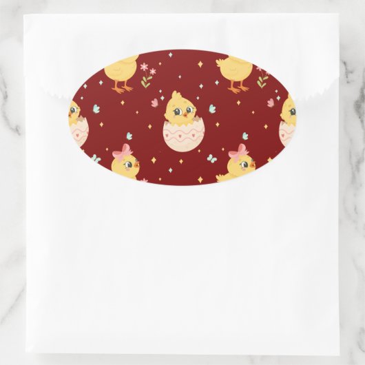 Cute Easter Chick with Pink Bow Seamless Pattern  楕円形シール (バッグ)