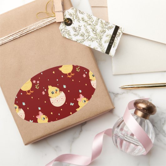 Cute Easter Chick with Pink Bow Seamless Pattern  楕円形シール (ギフト)
