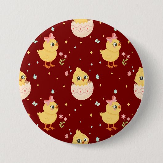 Cute Easter Chick with Pink Bow Seamless Pattern  缶バッジ (正面)