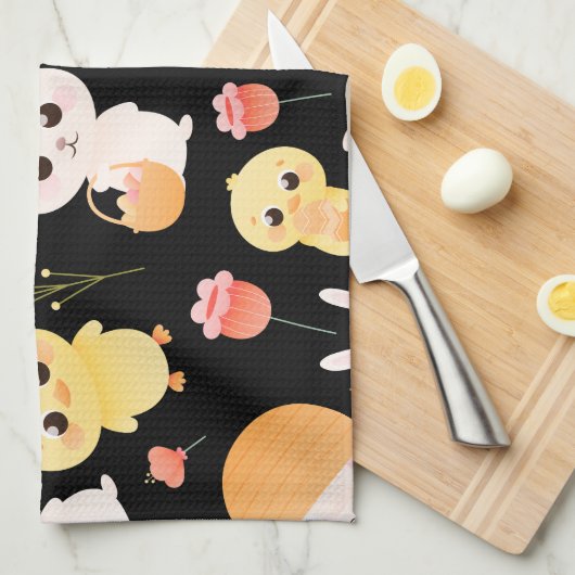 Cute Easter Chicks & Bunnies Seamless Pattern  キッチンタオル (四つ折り)