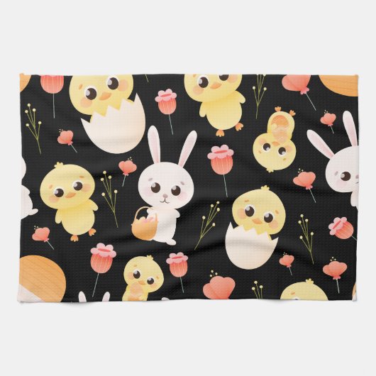 Cute Easter Chicks & Bunnies Seamless Pattern  キッチンタオル (横)