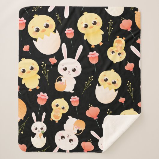 Cute Easter Chicks & Bunnies Seamless Pattern  シェルパブランケット (正面)
