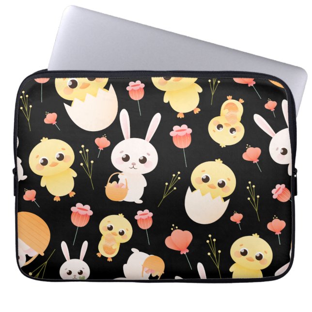 Cute Easter Chicks & Bunnies Seamless Pattern  ラップトップスリーブ (正面)