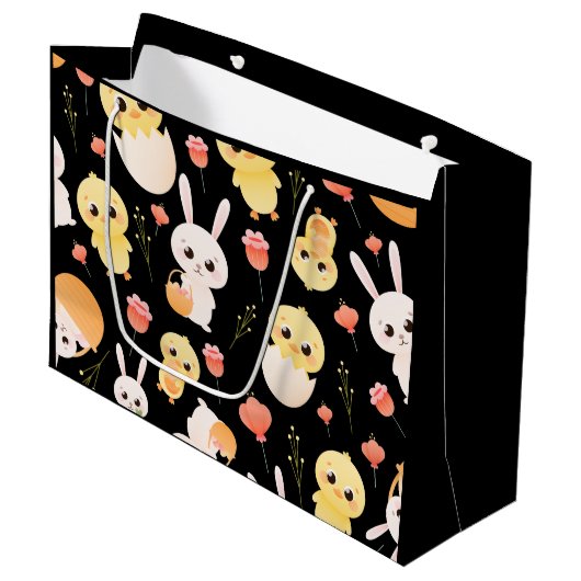 Cute Easter Chicks & Bunnies Seamless Pattern  ラージペーパーバッグ (正面アングル)