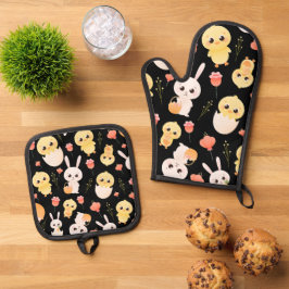 Cute Easter Chicks & Bunnies Seamless Pattern  鍋つかみ&鍋敷きセット
