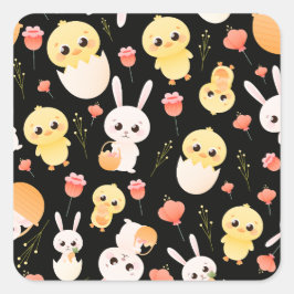Cute Easter Chicks & Bunnies Seamless Pattern  Orn スクエアシール
