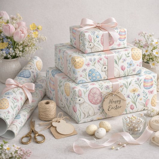 Cute Easter Egg and Spring Bunny Illustration ラッピングペーパー