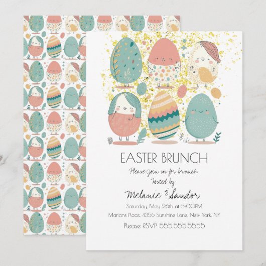 Cute Easter Eggs Dinner Brunch  招待状 (正面/裏面)