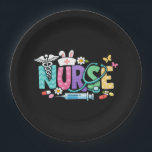 Cute Easter Nurse Medical Humor ペーパープレート<br><div class="desc">Colorful lettering with a nurse hat,  stethoscope,  flowers and playful medical symbols. A cheerful graphic celebrating caring nurses and healthcare professionals during the Easter season with a bright and friendly hospital atmosphere.</div>