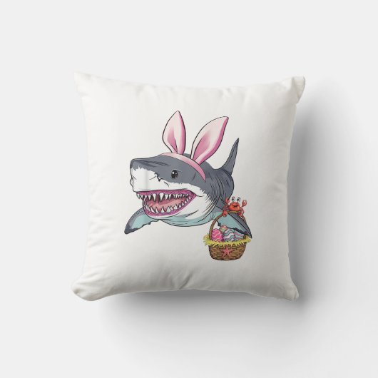 Cute Easter Shark Bunny Ears Basket Eggs Happy Eas クッション (正面)