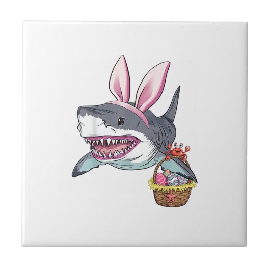 Cute Easter Shark Bunny Ears Basket Eggs Happy Eas タイル (正面)
