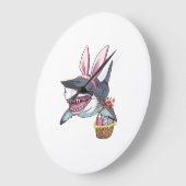 Cute Easter Shark Bunny Ears Basket Eggs Happy Eas ラージ壁時計 (傾斜)