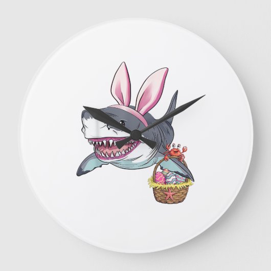Cute Easter Shark Bunny Ears Basket Eggs Happy Eas ラージ壁時計 (正面)