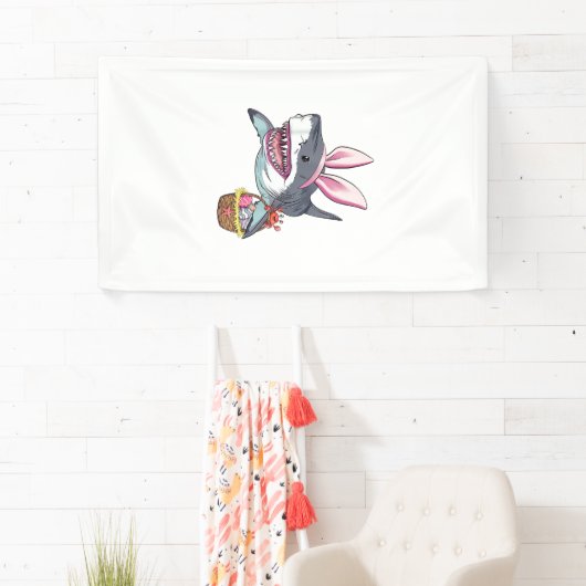 Cute Easter Shark Bunny Ears Basket Eggs Happy Eas 横断幕 (インサイチュ)