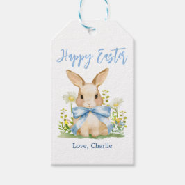 Cute Easter Watercolor Bunny Gingham Blue Bow ギフトタグ