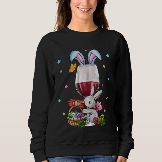 Cute Easter Wine Glasses Bunny Ears Drink Up Women スウェットシャツ (正面)