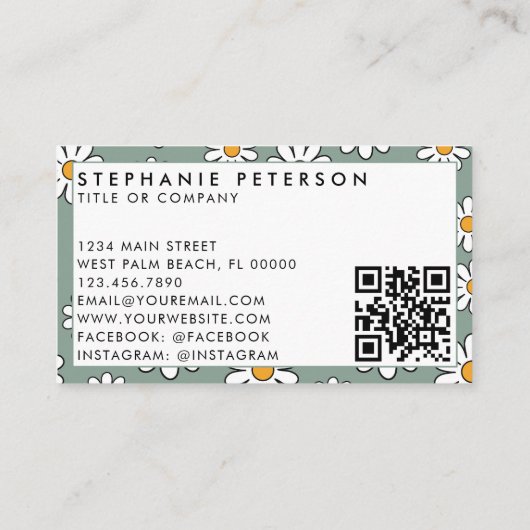 Cute Editable Daisy Floral Custom Logo QR Code 名刺 (裏面)