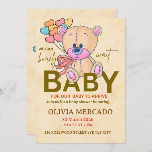 Cute Editable Neutral Baby Shower Invitation 招待状 (正面/裏面)