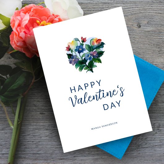 Cute Elegant Blue Shades Colorful Floral Heart  カード