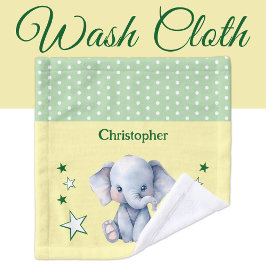 Cute elephant add name polka dots stars green ウォッシュタオル