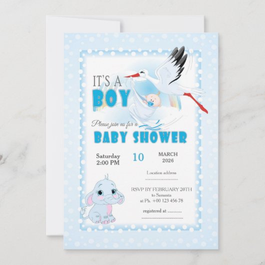Cute Elephant Baby Shower Invitation. It is a boy 招待状 (正面)