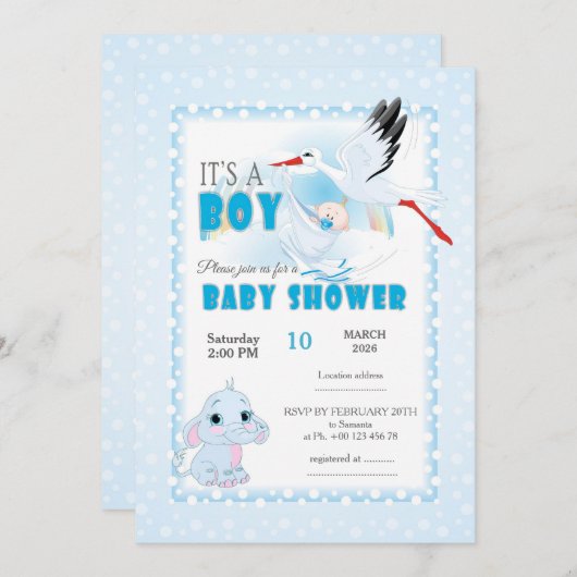 Cute Elephant Baby Shower Invitation. It is a boy 招待状 (正面/裏面)