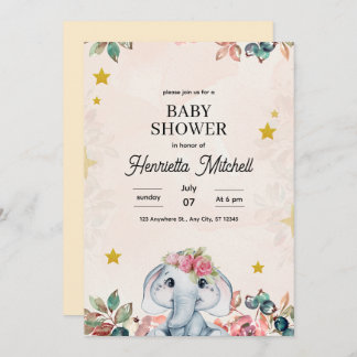 Cute Elephant Baby Shower Invite, Girl Baby Shower 招待状