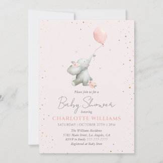 Cute Elephant Balloon Pink Gold Girl Baby Shower 招待状