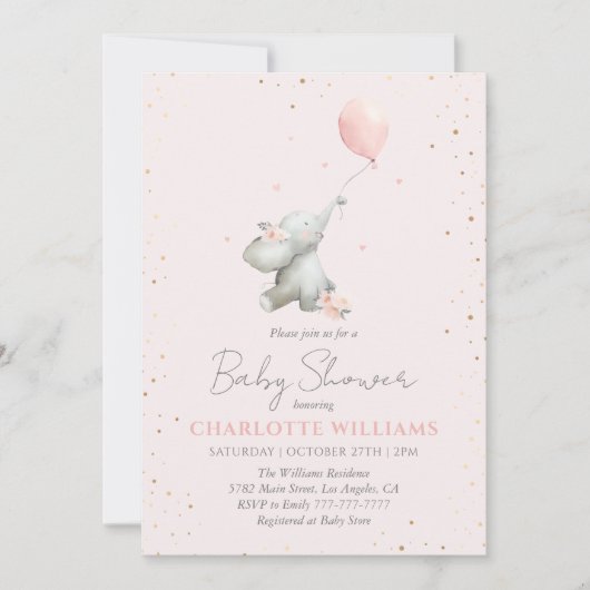 Cute Elephant Balloon Pink Gold Girl Baby Shower 招待状 (正面)