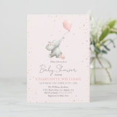 Cute Elephant Balloon Pink Gold Girl Baby Shower 招待状 (スタンド正面)