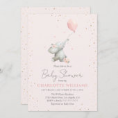 Cute Elephant Balloon Pink Gold Girl Baby Shower 招待状 (正面/裏面)