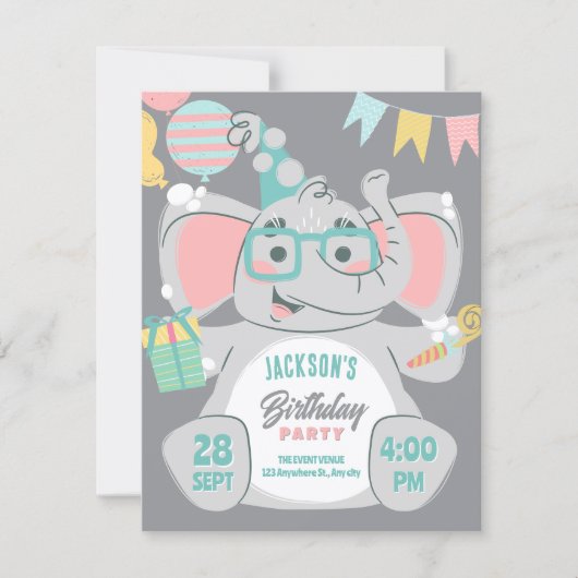 Cute elephant birthday  招待状 (正面)