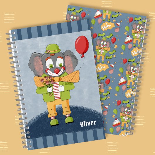 Cute Elephant Clown Kid Spiral Notebook with Name ノートブック