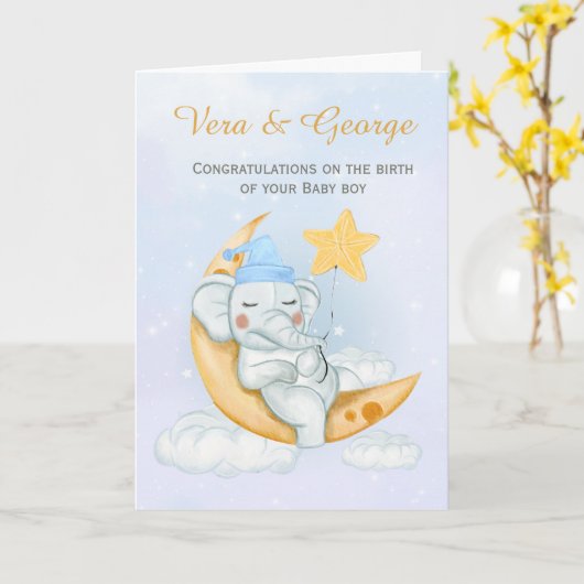 Cute Elephant Congratulations A New Baby Boy カード (黄色い花)