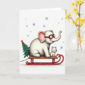 Cute Elephant Dog Sled Christmas Card Whimsical Il カード (黄色い花)