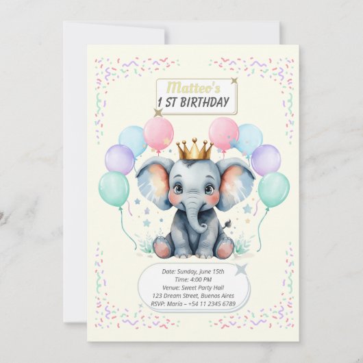 "Cute Elephant First Birthday pastel designs" 招待状 (正面)