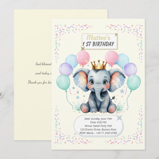 "Cute Elephant First Birthday pastel designs" 招待状 (正面/裏面)