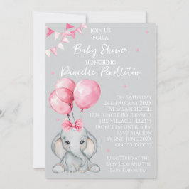 Cute Elephant, Girl Baby Shower Invitation 招待状