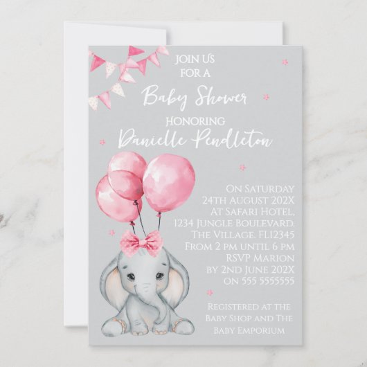 Cute Elephant, Girl Baby Shower Invitation 招待状 (正面)