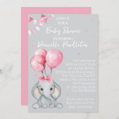Cute Elephant, Girl Baby Shower Invitation 招待状 (正面/裏面)