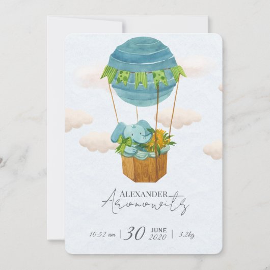 Cute Elephant Hot Air Balloon Baby Birth Announcem 招待状 (正面)
